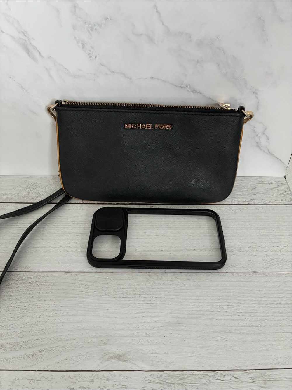 Michael Kors Black Safiano Leather Crossbody Phone Wristlet with Gold Hardware